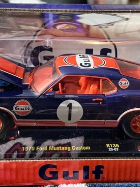 Gulf 1970 Ford Mustang Custom Kids Toy Car - Blue & Orange